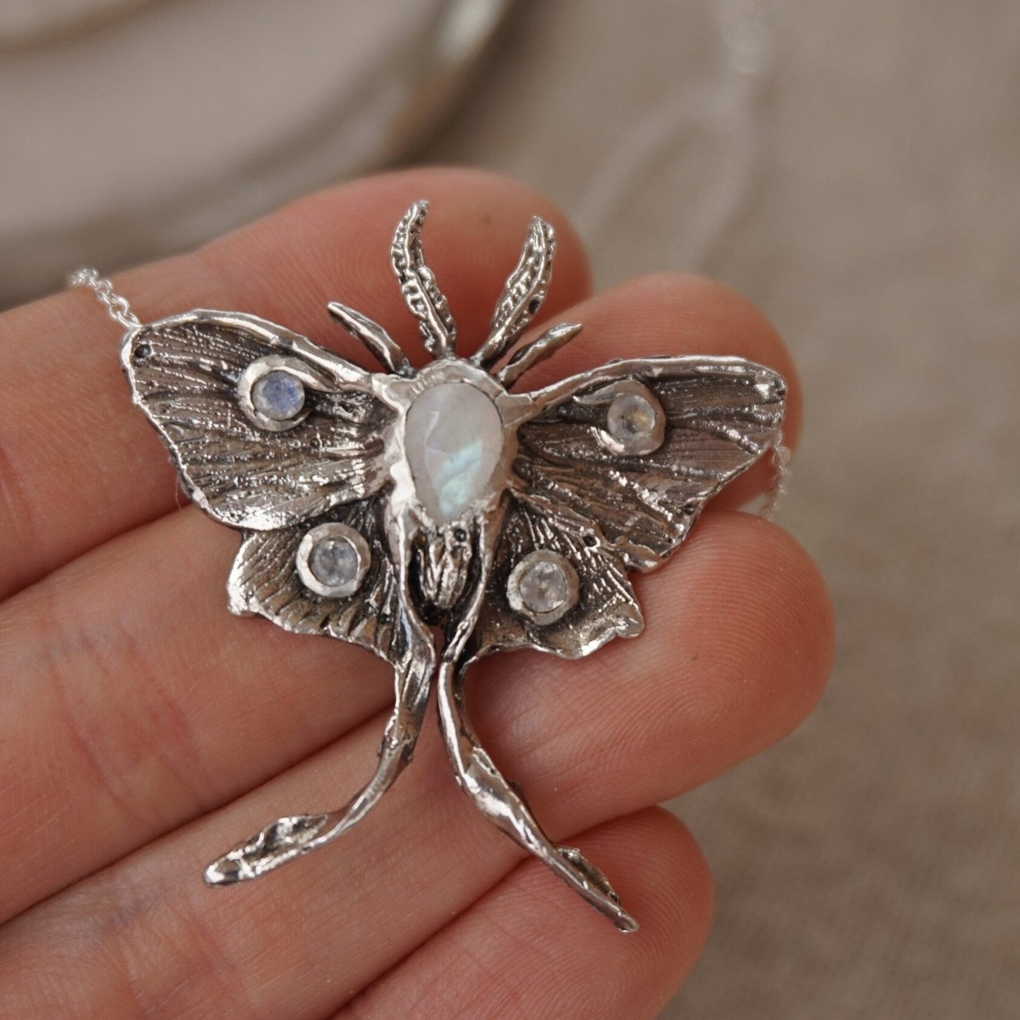 LUNA MOTH • Handcrafted Sterling Silver Moth Pendant with Moonstone 