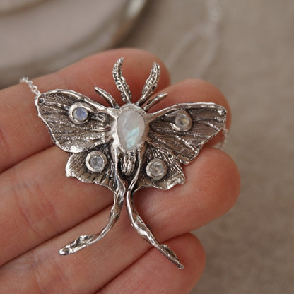 LUNA MOTH • Handcrafted Sterling Silver Moth Pendant with Moonstone 