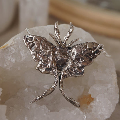 LUNA MOTH • Handcrafted Sterling Silver Moth Pendant with Moonstone 