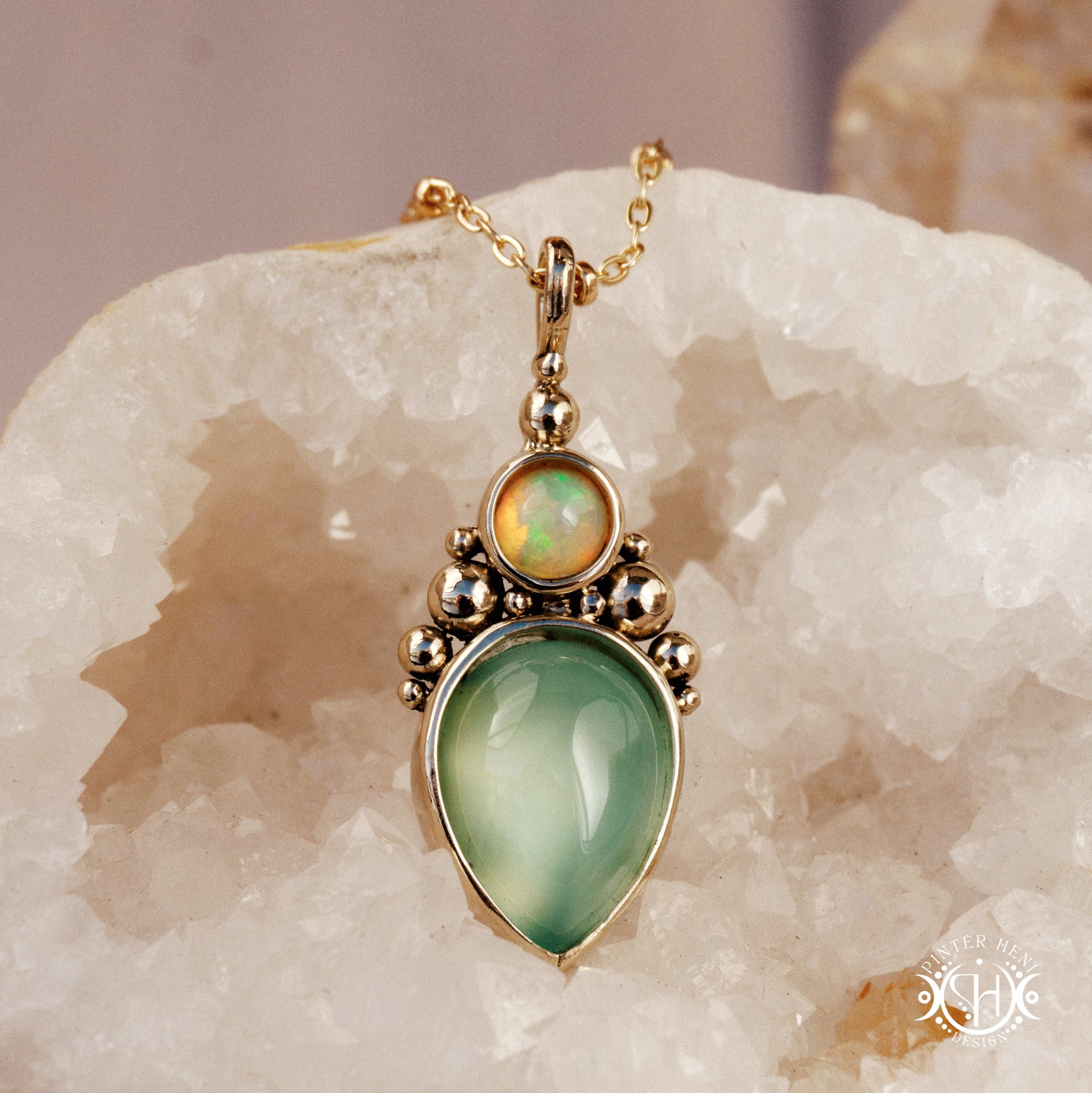 Handmade Kore pendant with sea green chalcedony and opal in brass setting. Made to order in brass, silver or gold.