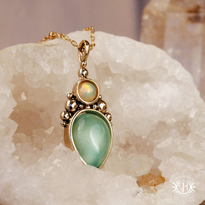 Handmade Kore pendant with sea green chalcedony and opal in brass setting. Made to order in brass, silver or gold.
