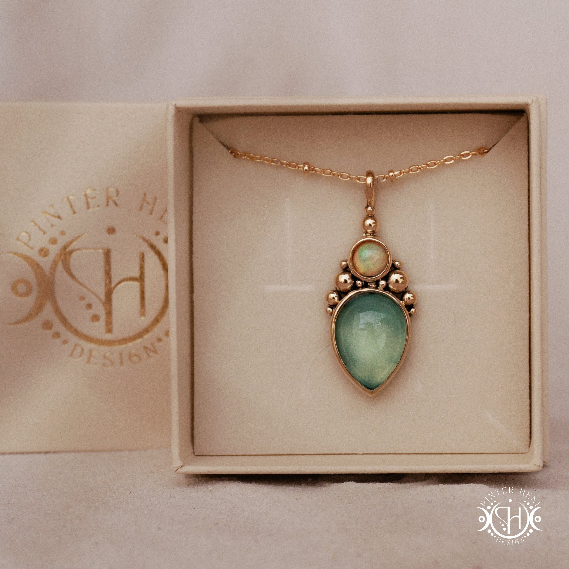 Handmade Kore pendant with sea green chalcedony and opal in brass setting. Made to order in brass, silver or gold, in jewelry box.