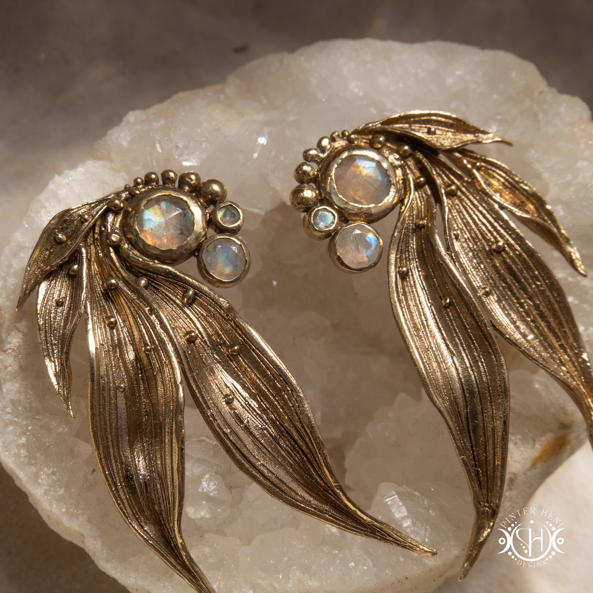 Long handcrafted Lily of the Valley leaf earrings with moonstone.