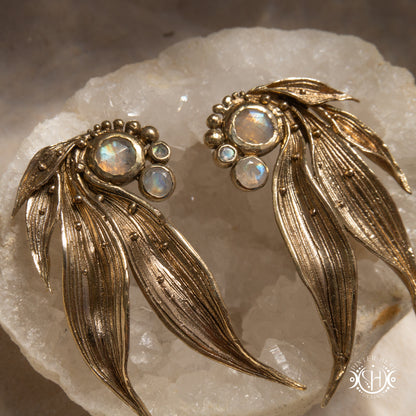 Long handcrafted Lily of the Valley leaf earrings with moonstone.