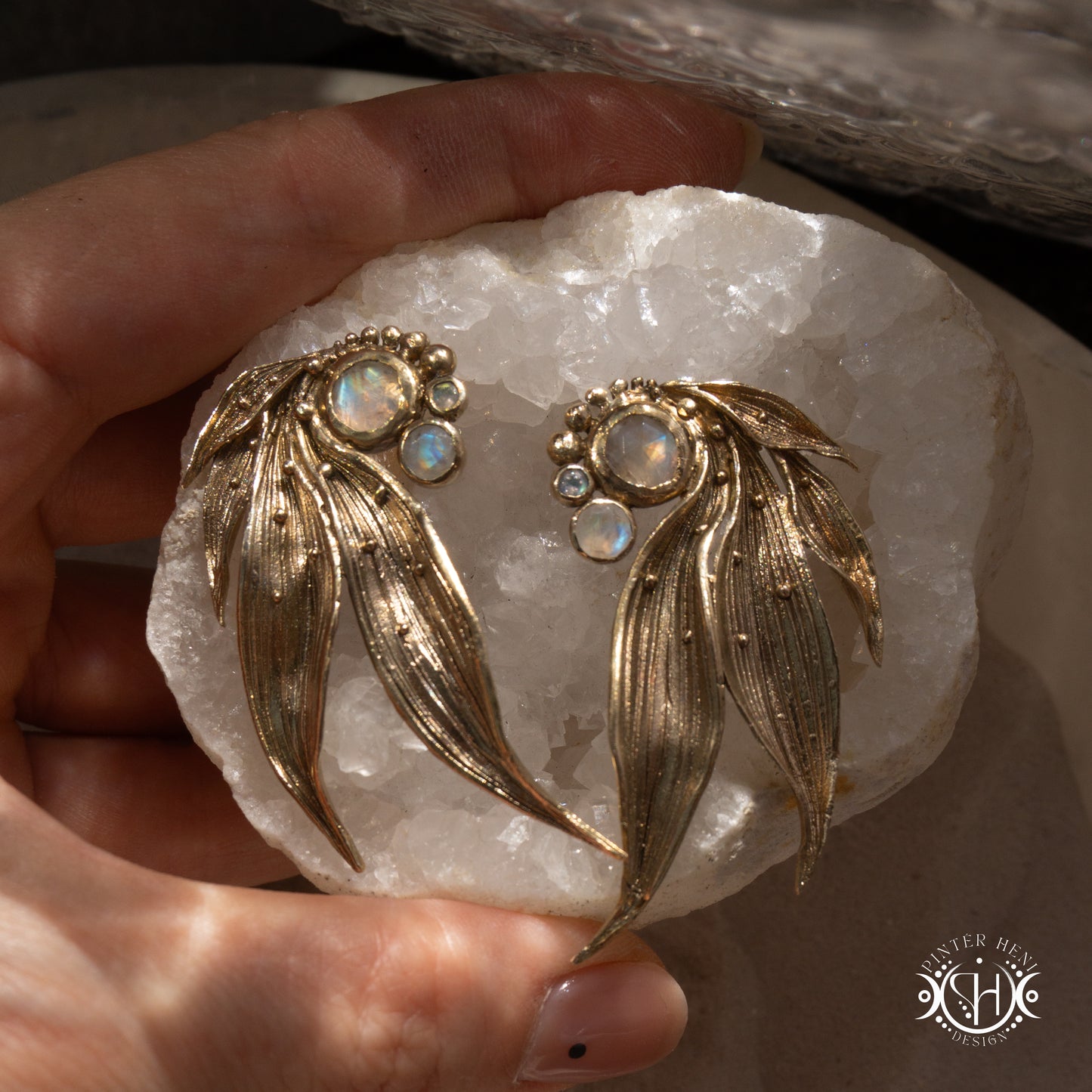 Long handcrafted Lily of the Valley leaf earrings with moonstone.