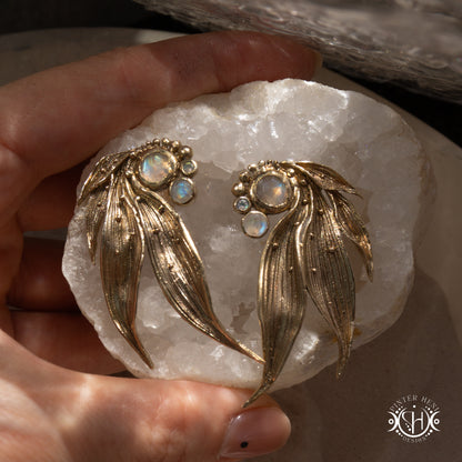 Long handcrafted Lily of the Valley leaf earrings with moonstone.