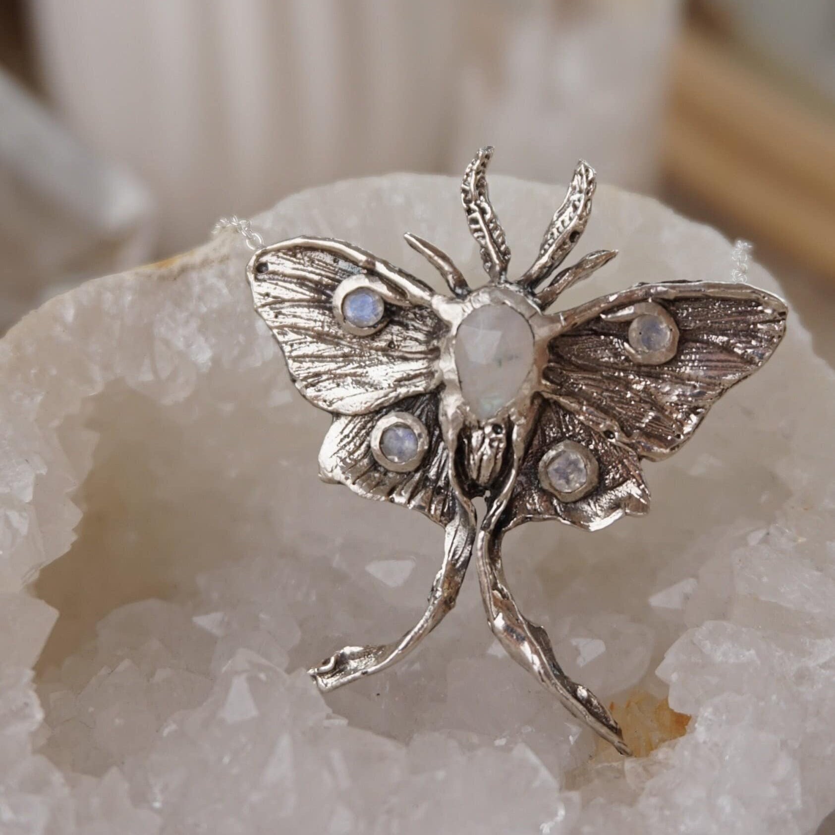 Handcrafted organic sterling silver Luna Moth pendant with moonstones,