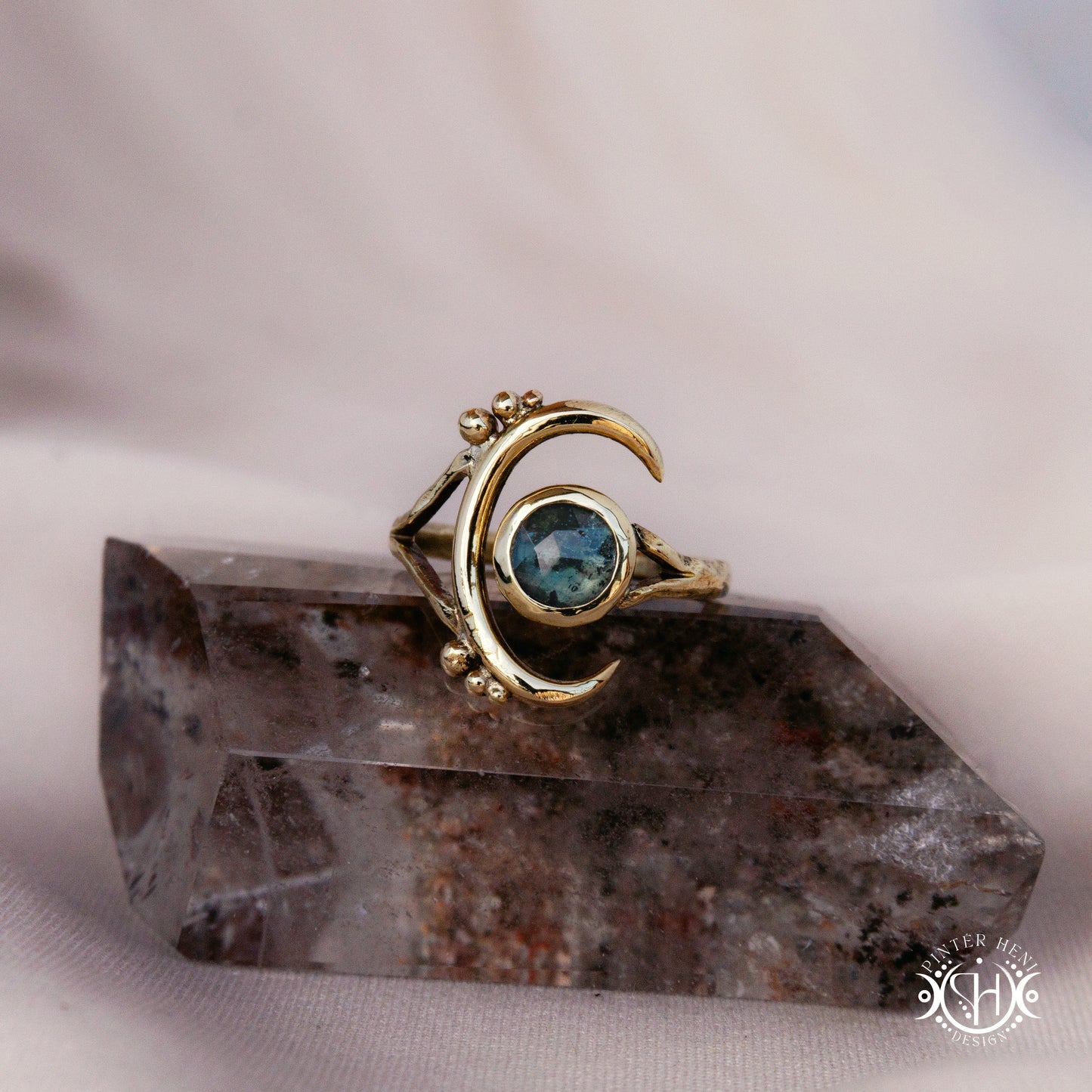 One-of-a-kind brass crescent ring with moss blue kyanite stone from the Skybound Awakening collection.