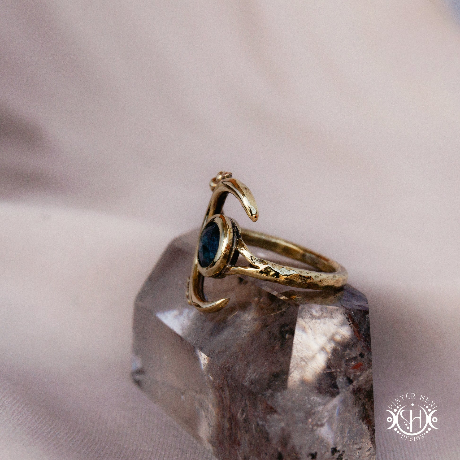 One-of-a-kind brass crescent ring with moss blue kyanite stone from the Skybound Awakening collection.