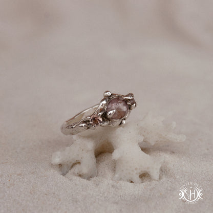 Sterling silver organic ring with pink Burma spinel and pink tourmaline in sculptural setting.