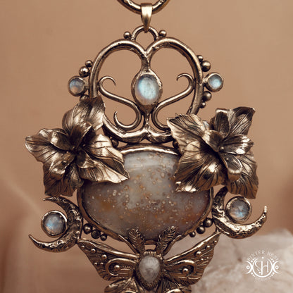 Large sculptural brass statement pendant with stones, inspired by ancient ceremonial forms, Nemetona's Sanctuary necklace.