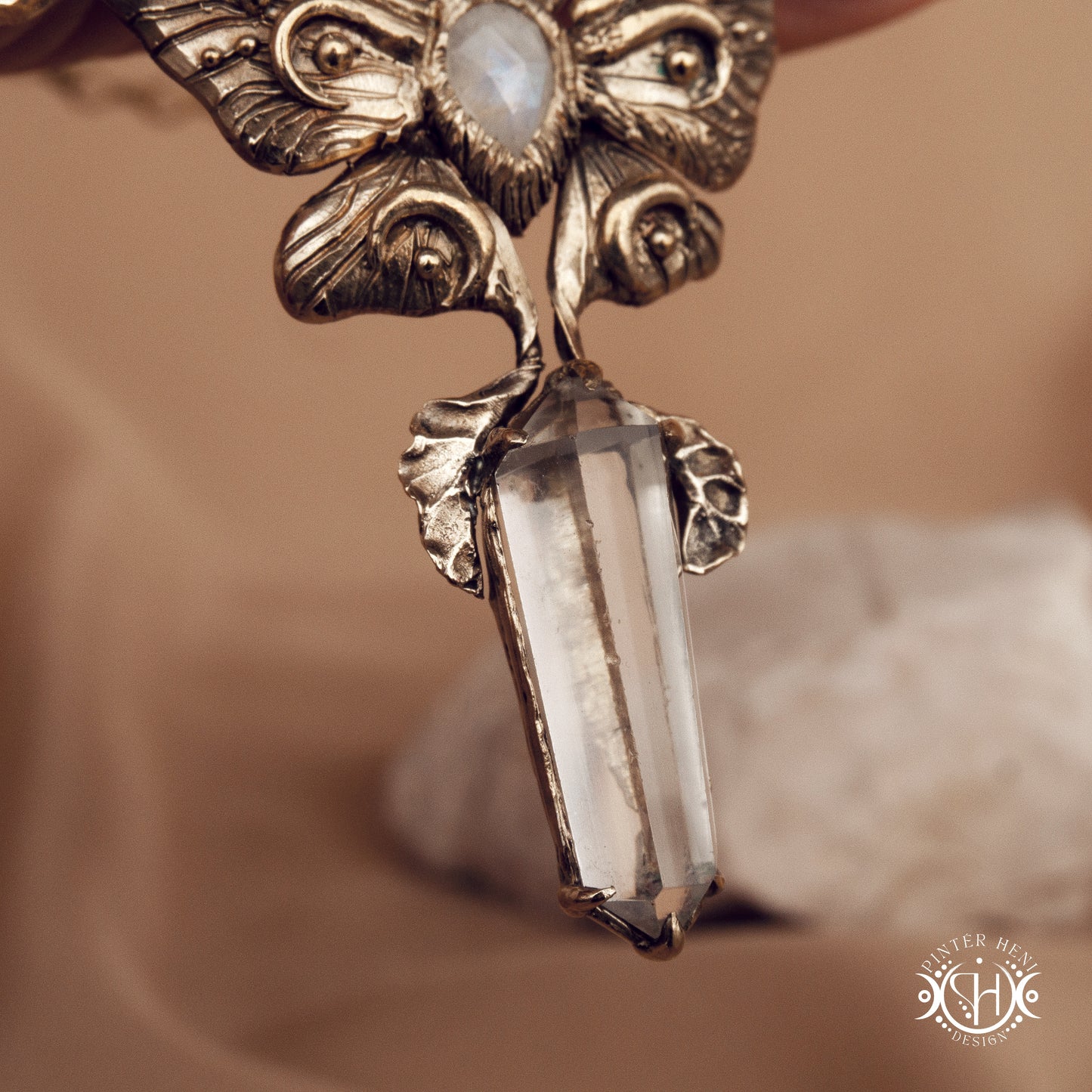 Large sculptural brass statement pendant with stones, inspired by ancient ceremonial forms, Nemetona's Sanctuary necklace.