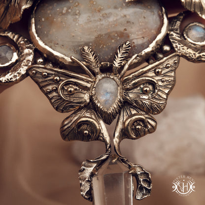 Large sculptural brass statement pendant with stones, inspired by ancient ceremonial forms, Nemetona's Sanctuary necklace.