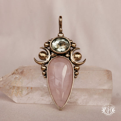 Hand-carved Nyx pendant with rose quartz and prasiolite.