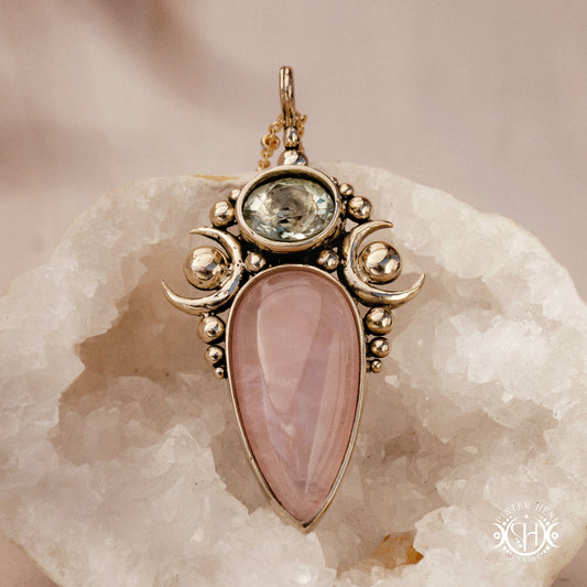 Hand-carved Nyx pendant with rose quartz and prasiolite.