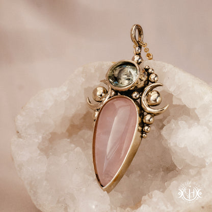 Hand-carved Nyx pendant with rose quartz and prasiolite.
