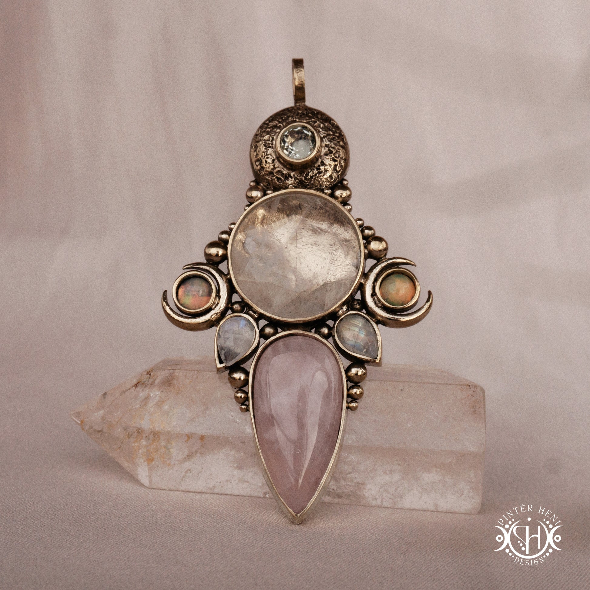 Hand-carved Persephone pendant with opal, moonstone, prasiolite and rose quartz.
