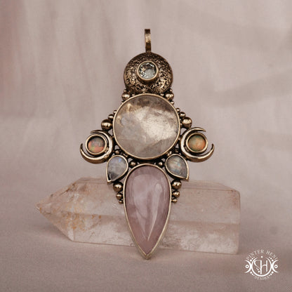 Hand-carved Persephone pendant with opal, moonstone, prasiolite and rose quartz.