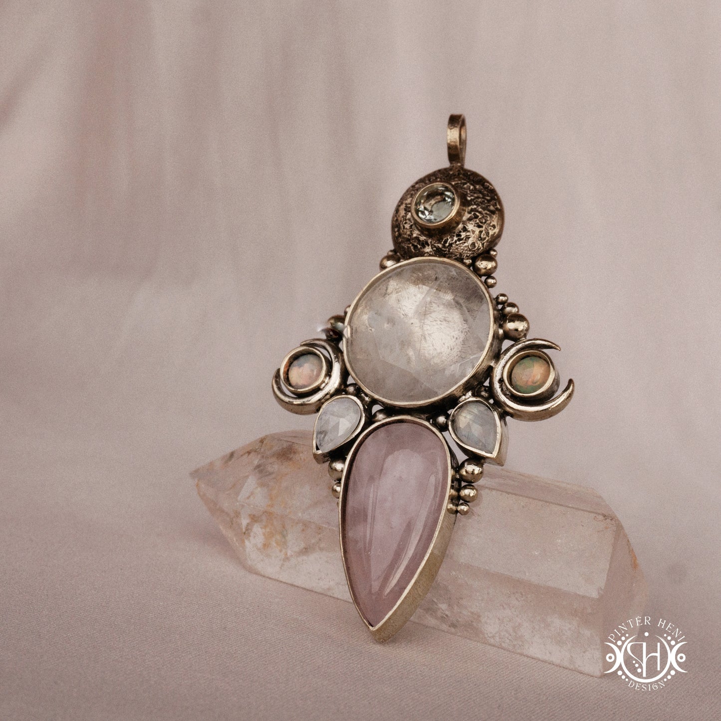 Hand-carved Persephone pendant with opal, moonstone, prasiolite and rose quartz.
