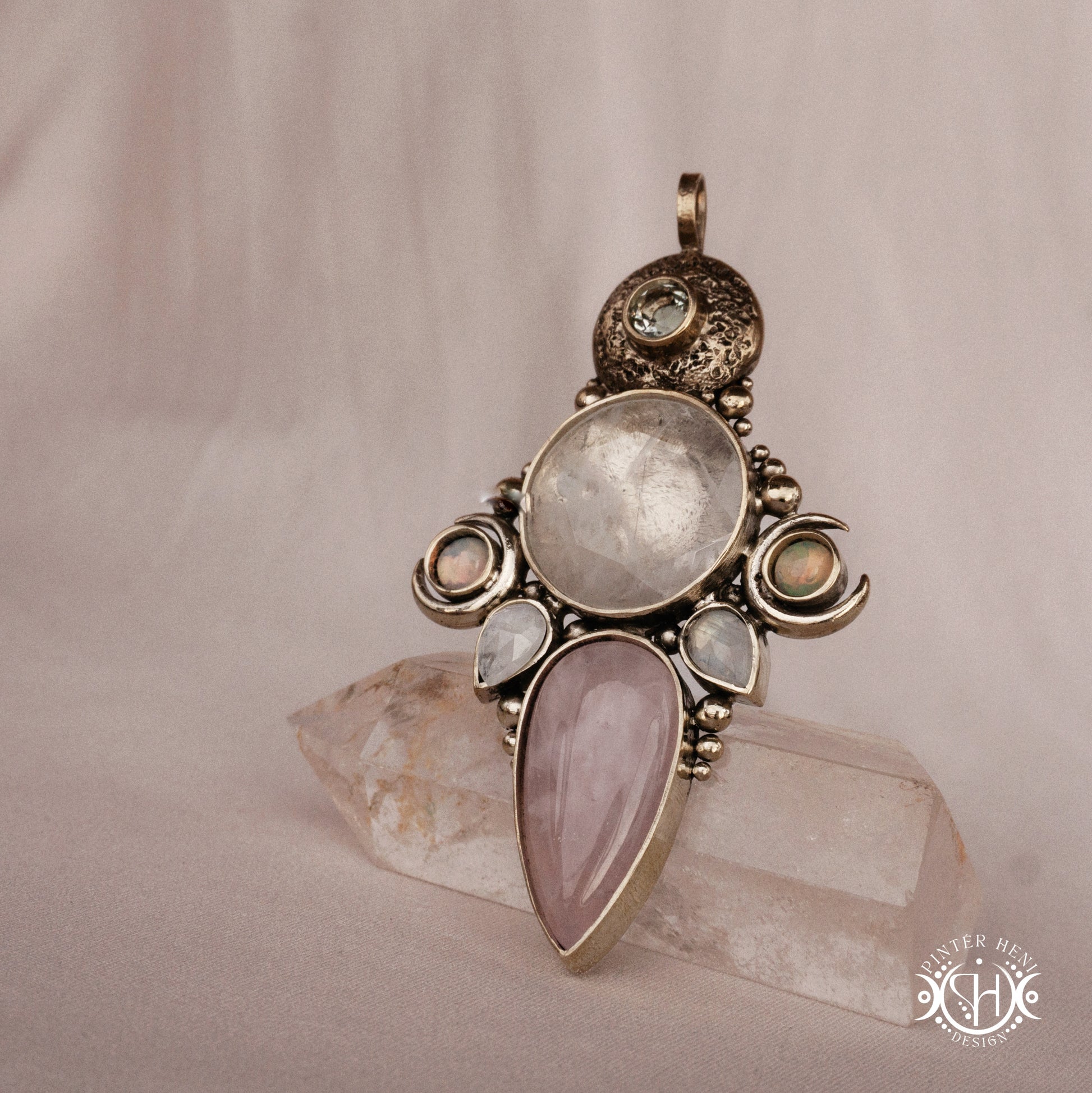 Hand-carved Persephone pendant with opal, moonstone, prasiolite and rose quartz.