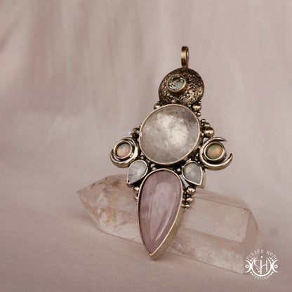 Hand-carved Persephone pendant with opal, moonstone, prasiolite and rose quartz.
