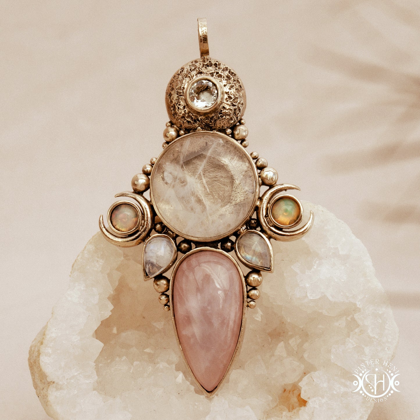 Hand-carved Persephone pendant with opal, moonstone, prasiolite and rose quartz.
