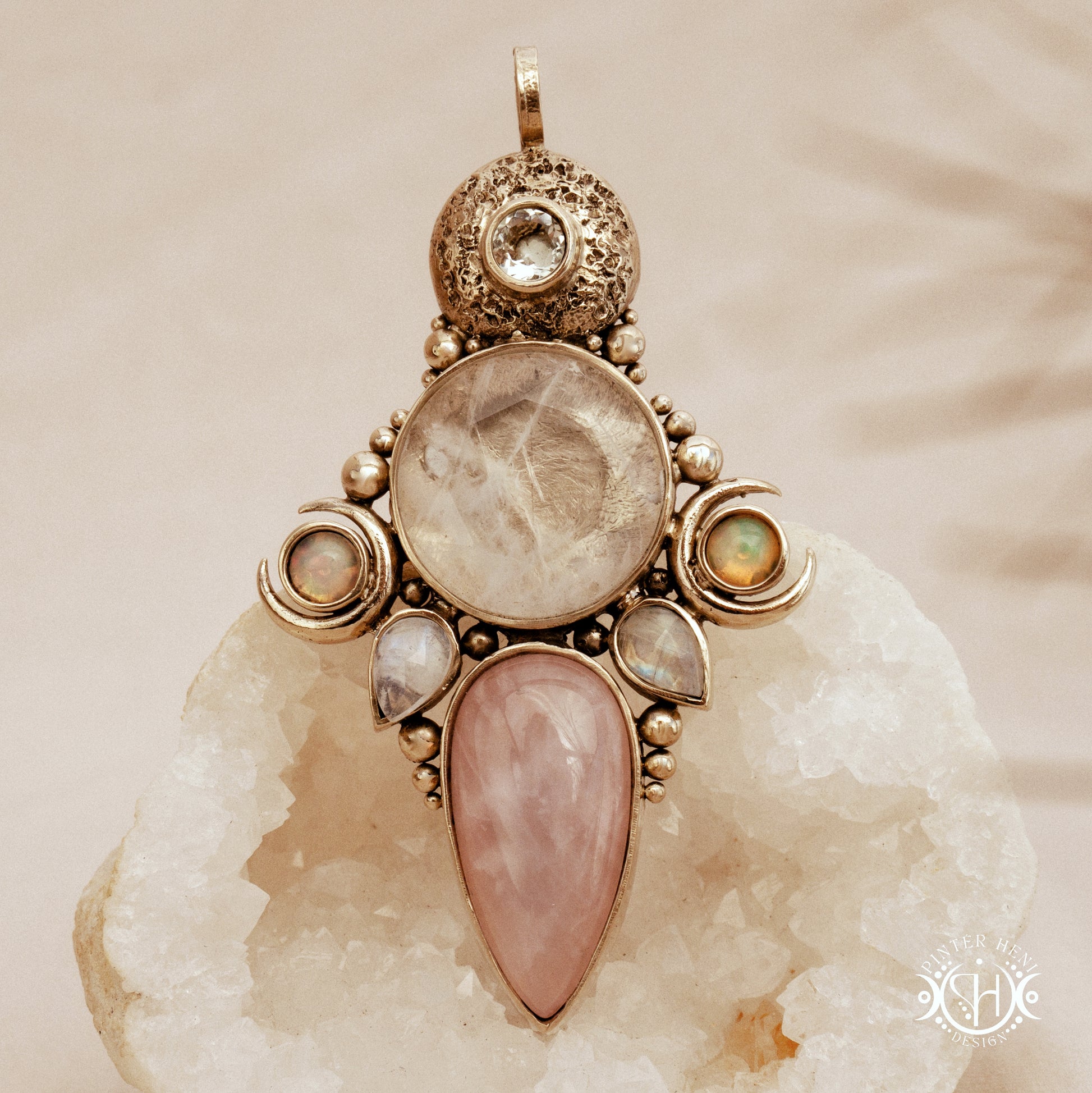 Hand-carved Persephone pendant with opal, moonstone, prasiolite and rose quartz.