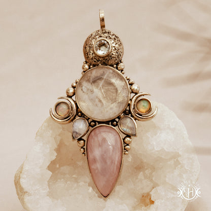 Hand-carved Persephone pendant with opal, moonstone, prasiolite and rose quartz.