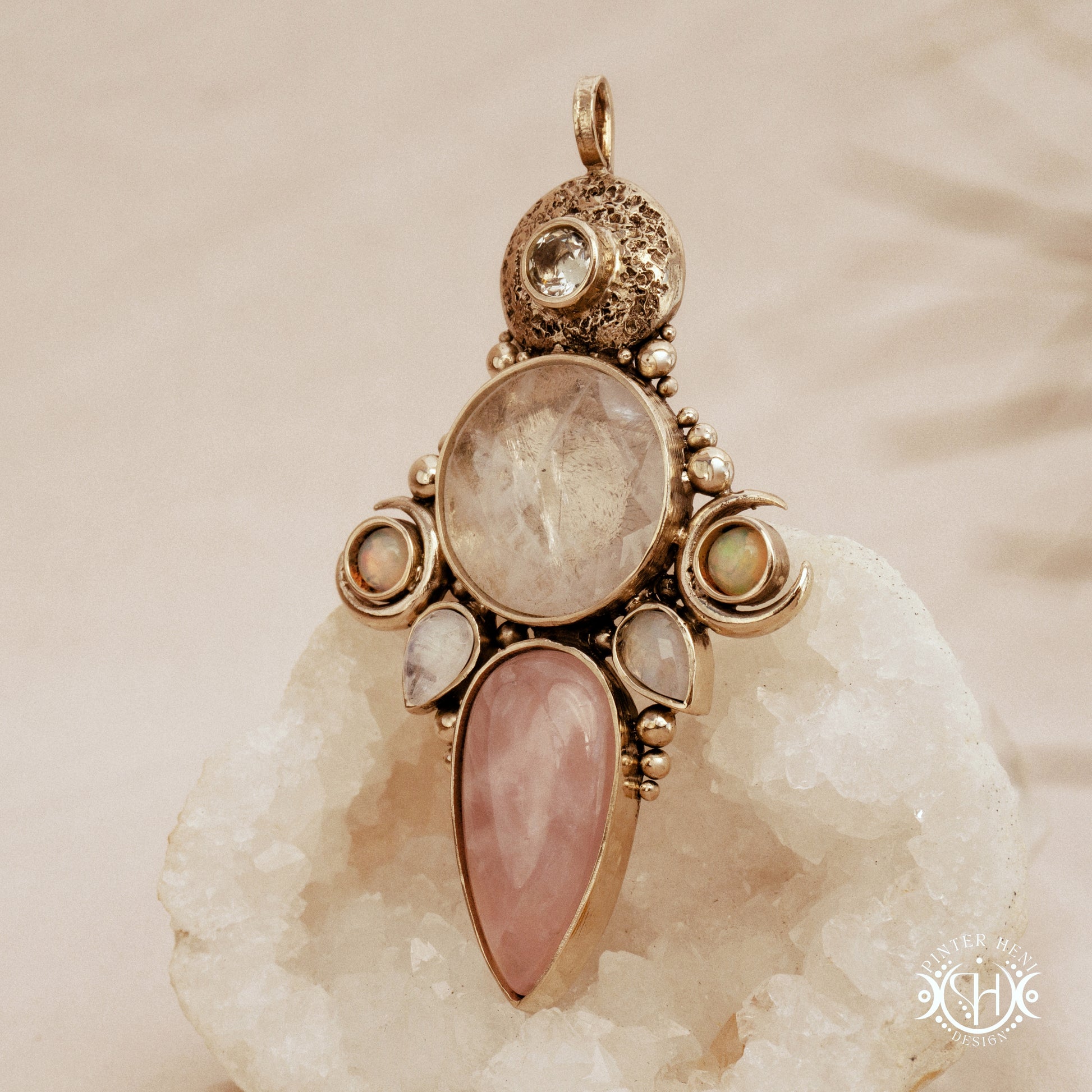 Hand-carved Persephone pendant with opal, moonstone, prasiolite and rose quartz.