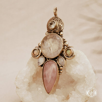 Hand-carved Persephone pendant with opal, moonstone, prasiolite and rose quartz.