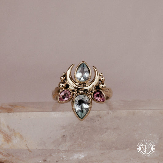 Handmade Persephone ring with aquamarine and pink tourmaline in sculptural feminine setting