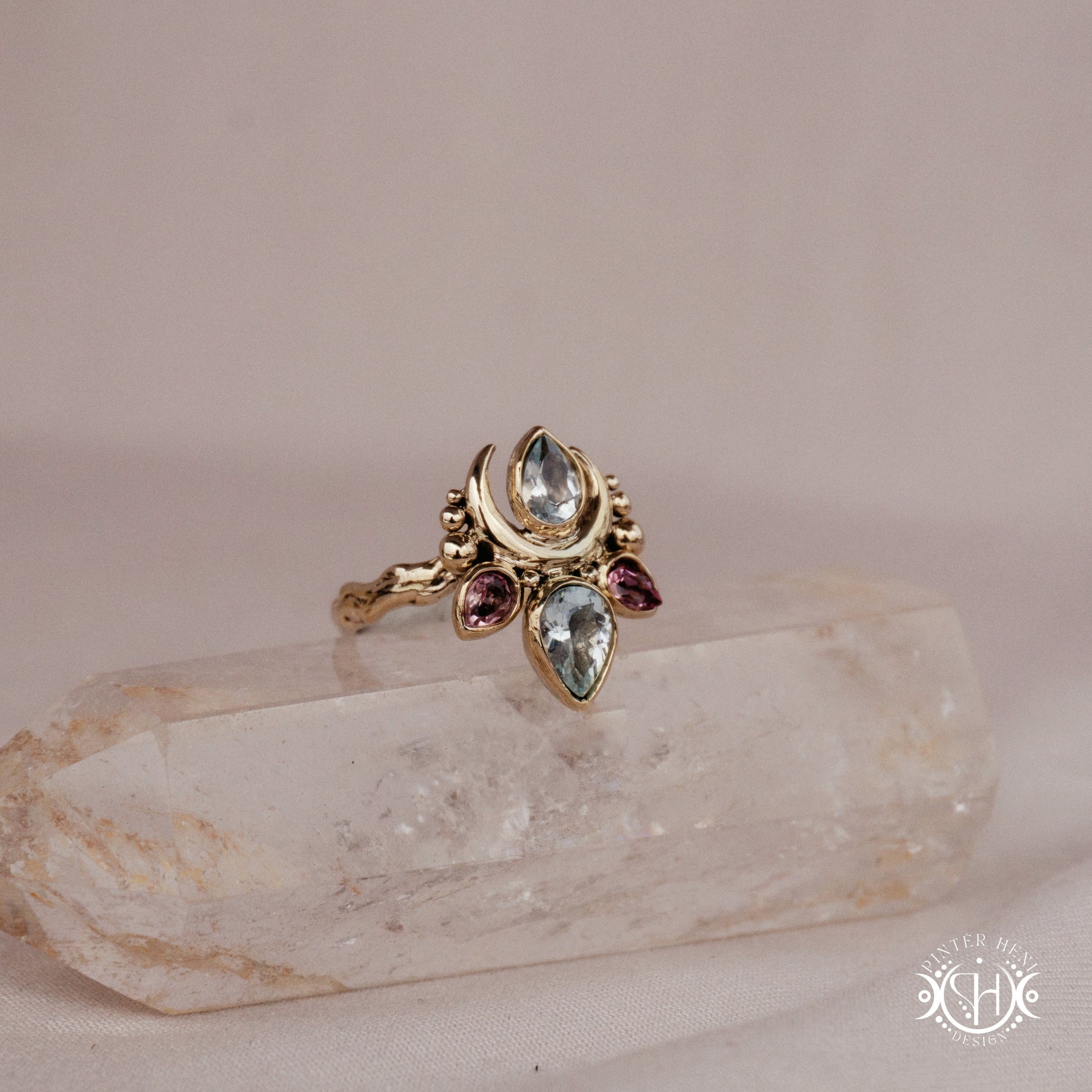 Handmade Persephone ring with aquamarine and pink tourmaline in sculptural feminine setting