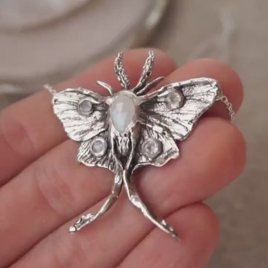 LUNA MOTH • Handcrafted Sterling Silver Moth Pendant with Moonstone • Raw, Rustic Fairy Jewelry • Celestial Boho Witch Jewelry