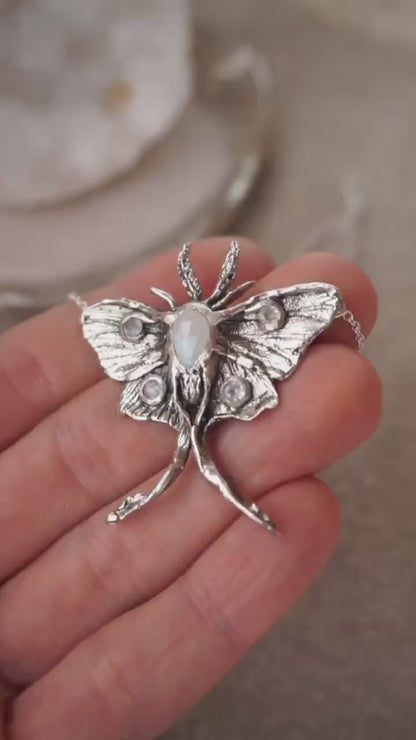 LUNA MOTH • Handcrafted Sterling Silver Moth Pendant with Moonstone • Raw, Rustic Fairy Jewelry • Celestial Boho Witch Jewelry