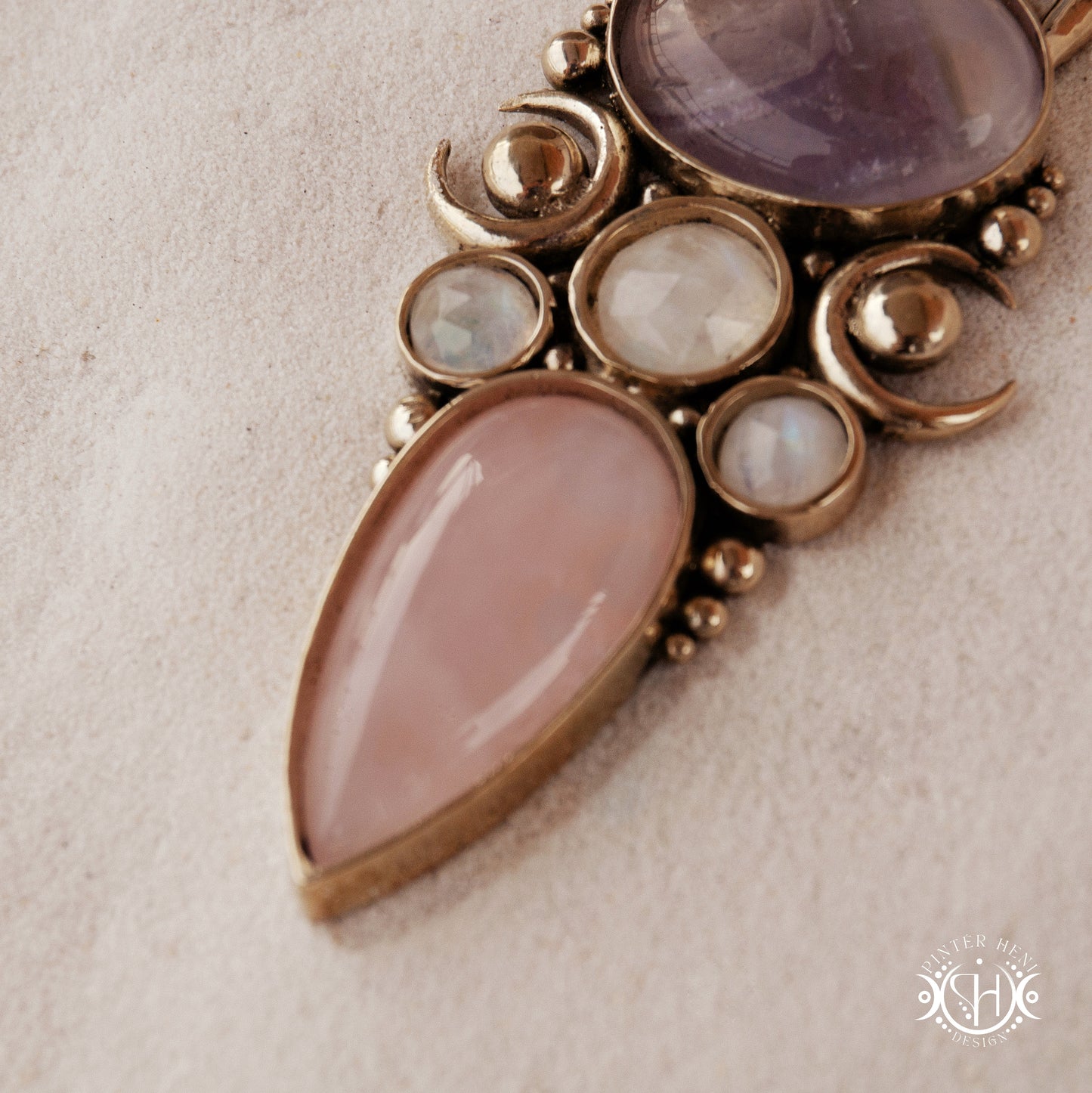 Hand-carved Rhea pendant with rose quartz, amethyst, moonstone and prasiolite,.