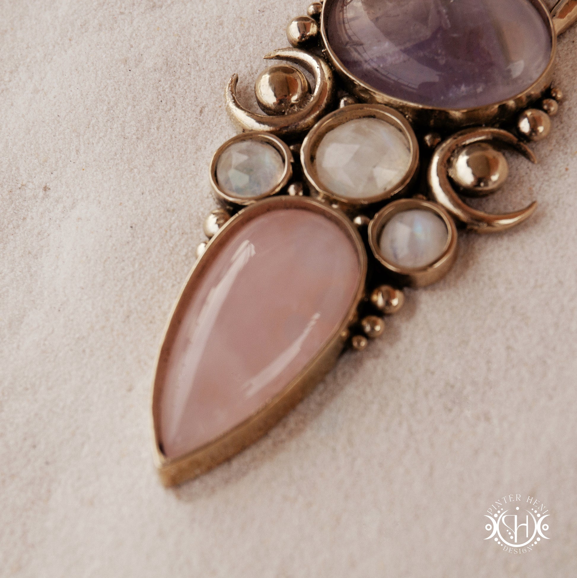 Hand-carved Rhea pendant with rose quartz, amethyst, moonstone and prasiolite,.