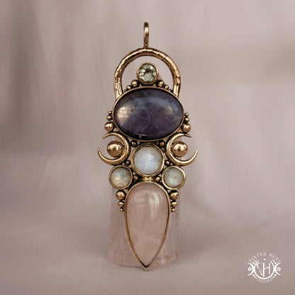 Hand-carved Rhea pendant with rose quartz, amethyst, moonstone and prasiolite.