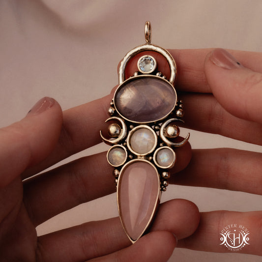 Hand-carved Rhea pendant with rose quartz, amethyst, moonstone and prasiolite.
