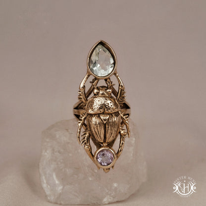 Hand-carved scarab beetle ring with amethyst and prasiolite, made to order, sculptural wax carved design in brass.