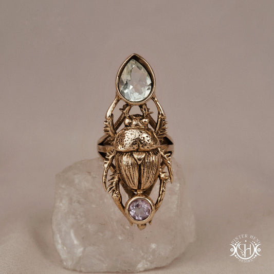Hand-carved scarab beetle ring with amethyst and prasiolite, made to order, sculptural wax carved design in brass.
