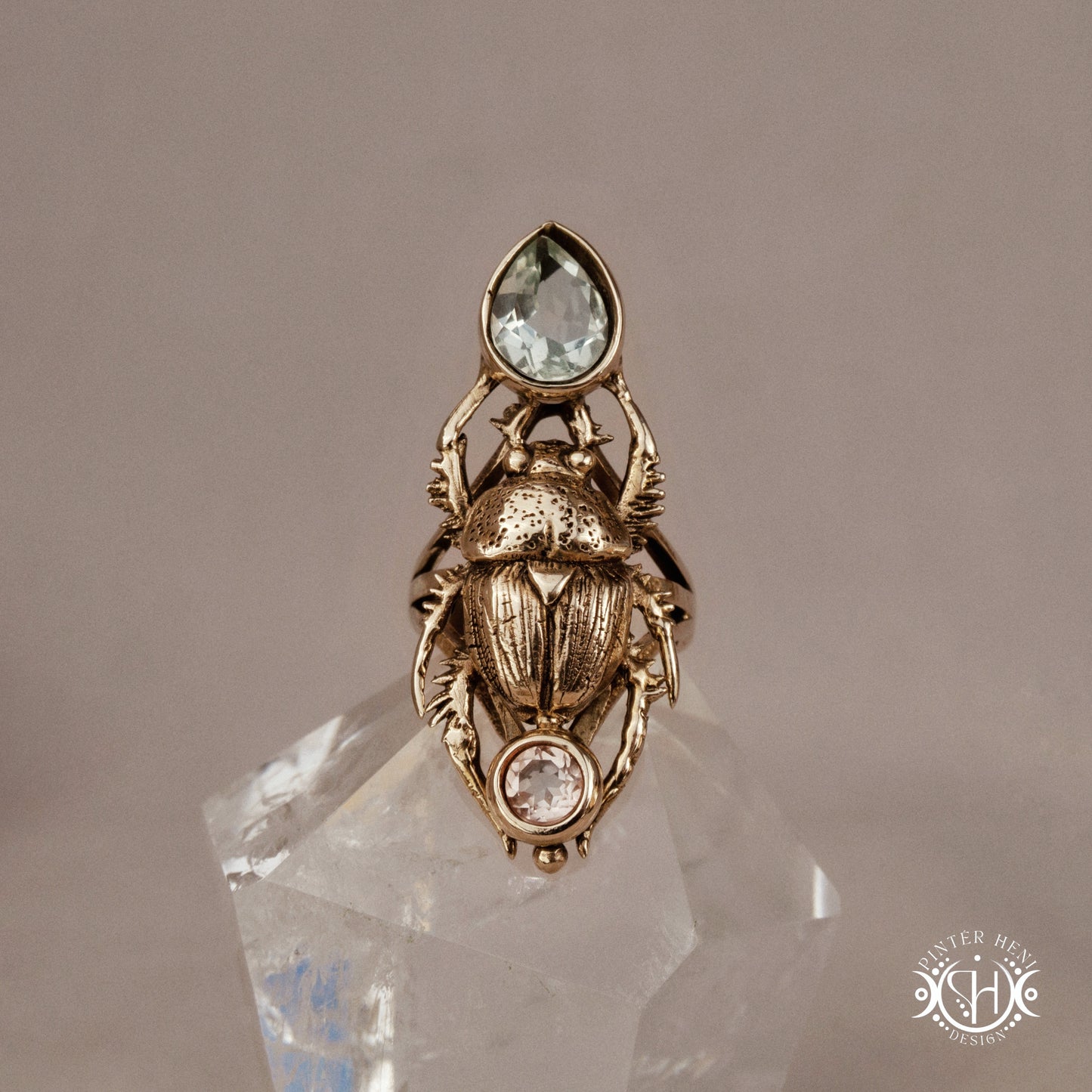 Hand-carved scarab beetle ring made to order, sculptural wax carved design in brass, on crystal
