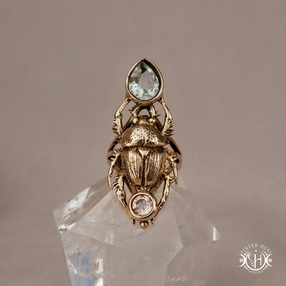 Hand-carved scarab beetle ring made to order, sculptural wax carved design in brass, on crystal
