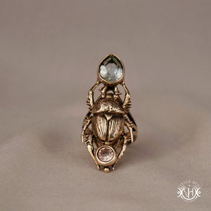 Hand-carved scarab beetle ring made to order, sculptural wax carved design in brass.