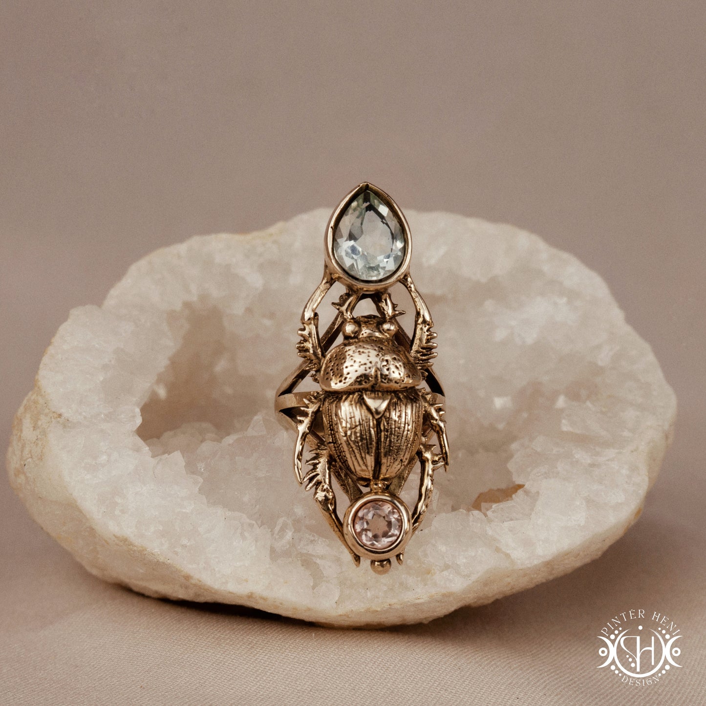 Hand-carved scarab beetle ring with morganite and prasiolite,made to order, sculptural wax carved design in brass, on a crystal