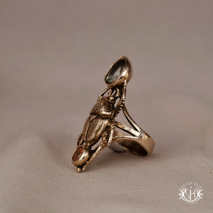 Hand-carved scarab beetle ring made to order, sculptural wax carved design in brass.