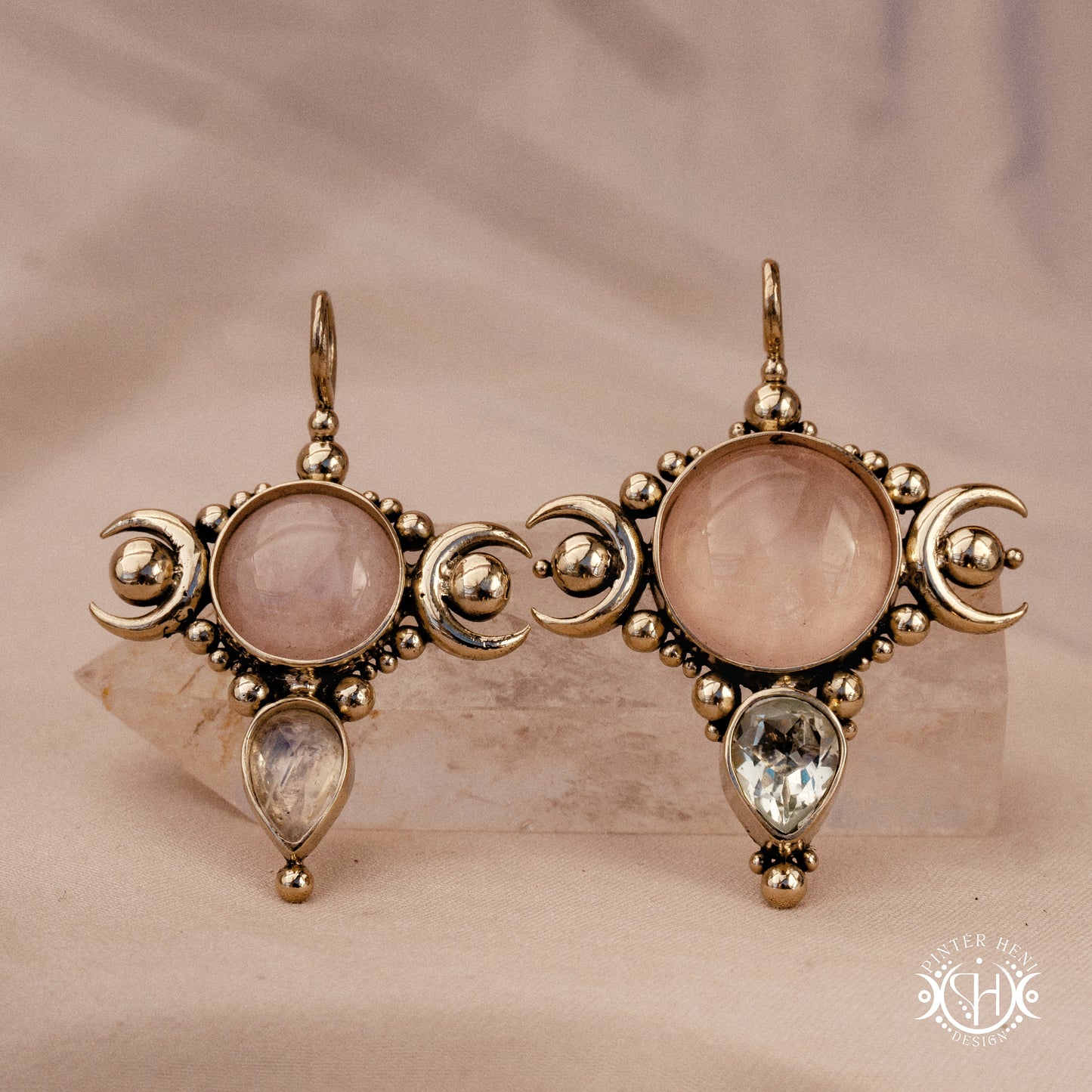 Hand-carved Selene crescent pendant with moonstone and morganite.