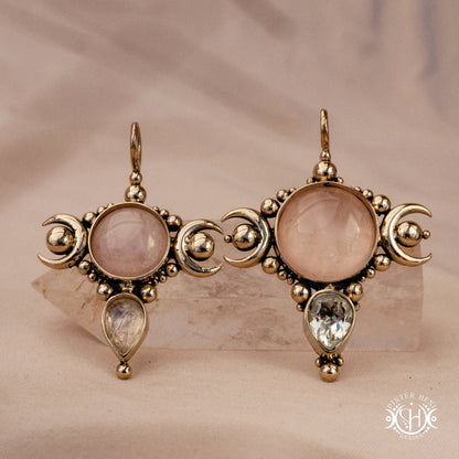 Hand-carved Selene crescent pendant with moonstone and morganite.