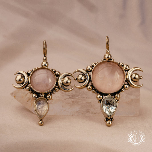 Hand-carved Selene crescent pendant with moonstone and morganite.
