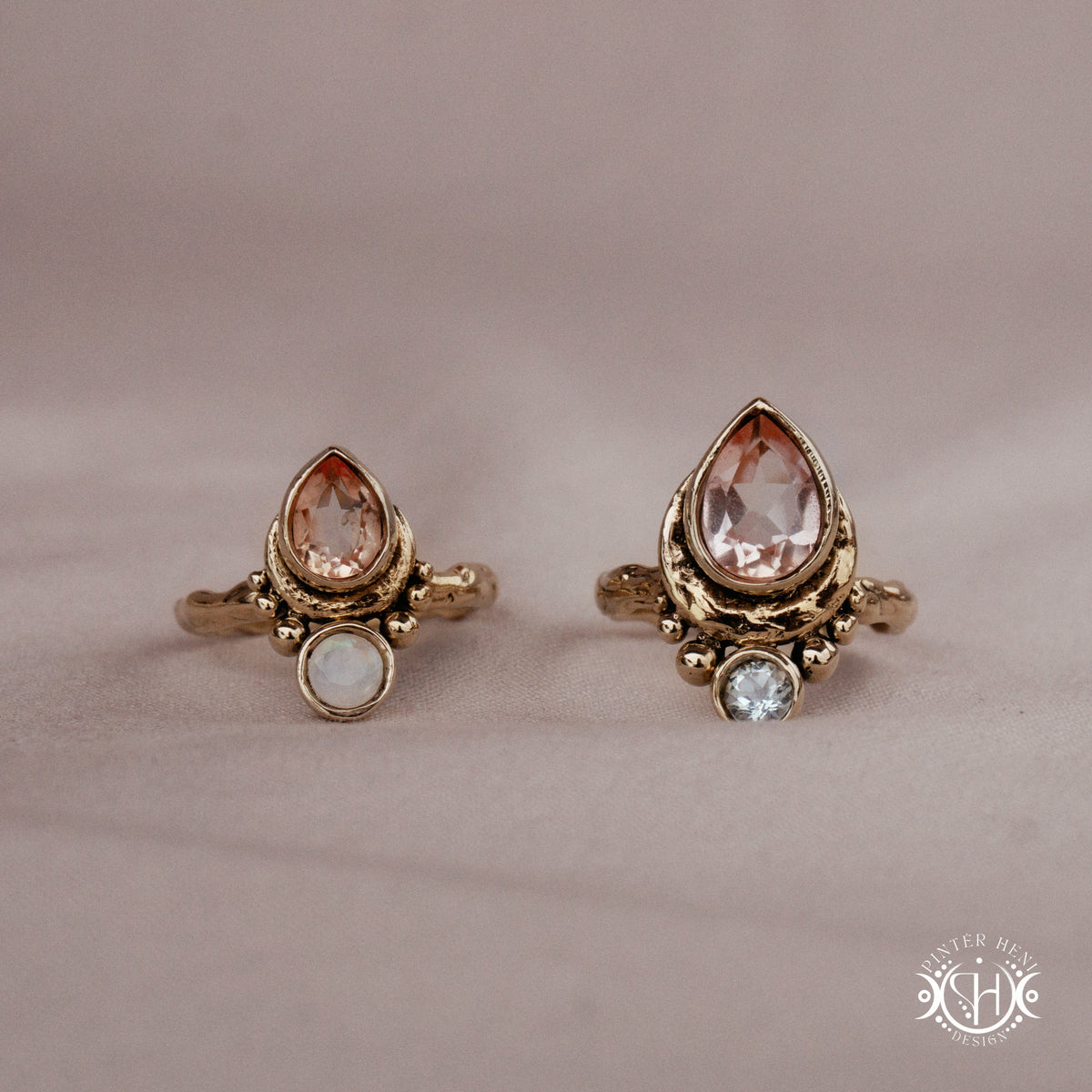 Handmade teardrop rings with morganite, moonstone and aquamarine set in crescent-inspired form