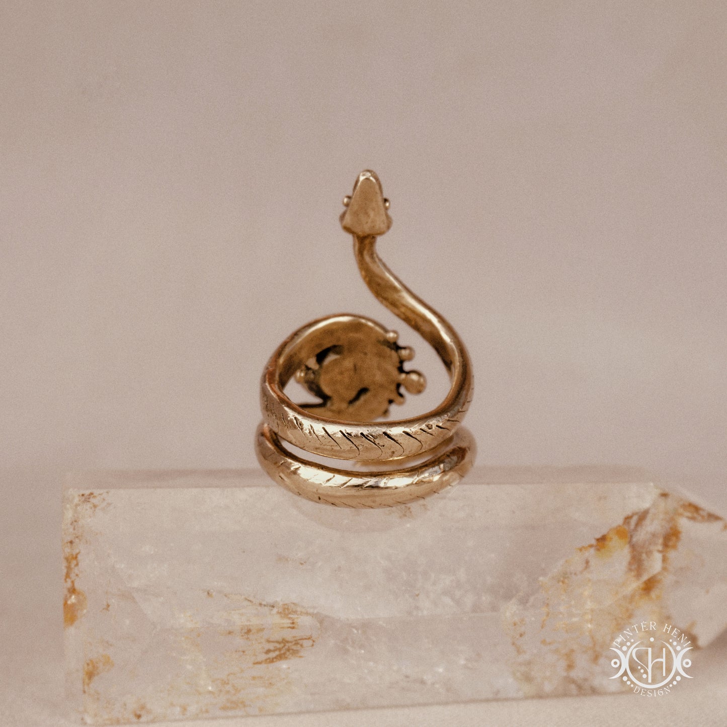 Handmade adjustable serpent ring set with prasiolite, sculptural wax carved design in brass, silver, or solid gold, back view